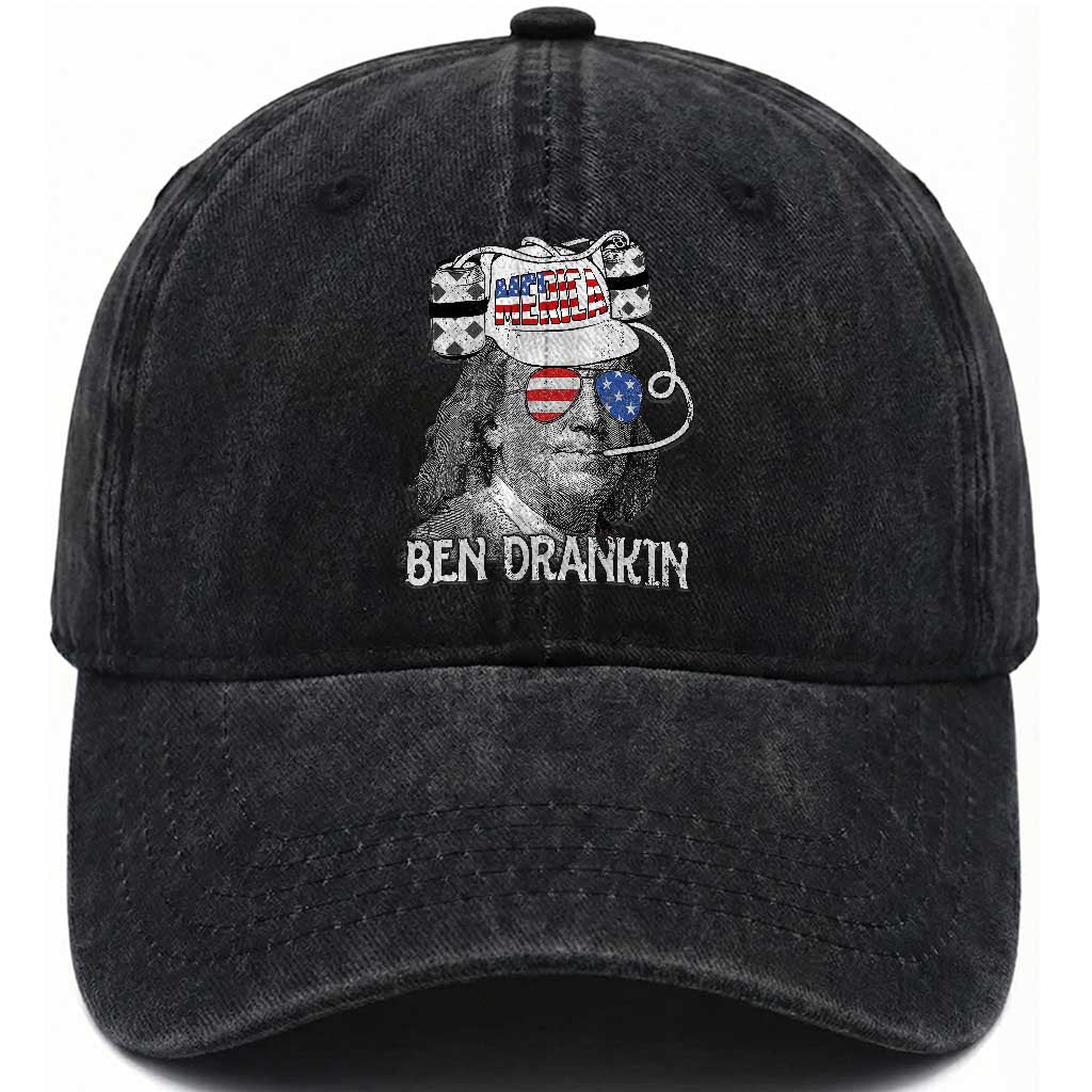 4th of July Ben Drankin Washed Cotton Baseball Cap Funny Benjamin Franklin USA Flag TS10 Washed Cap Universal Fit Black Print Your Wear