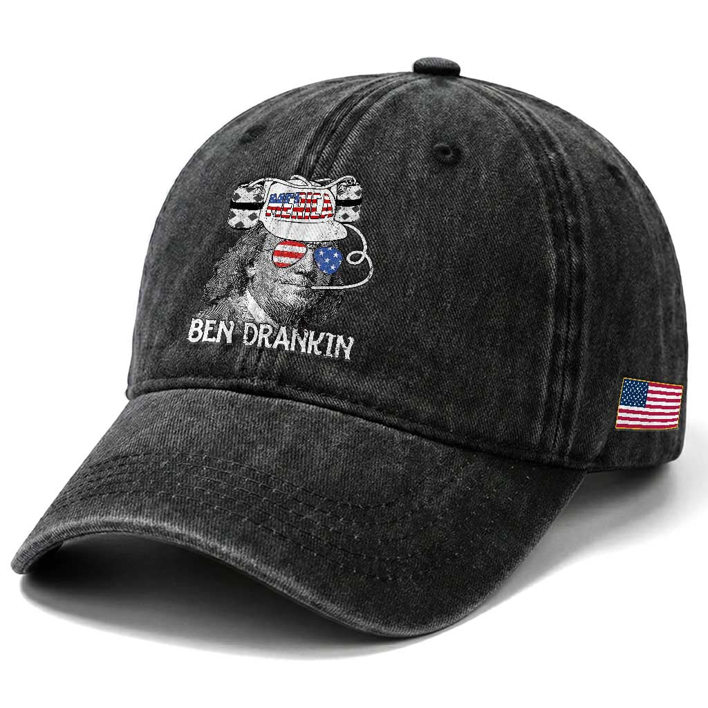 4th of July Ben Drankin Washed Cotton Baseball Cap Funny Benjamin Franklin USA Flag TS10 Print Your Wear