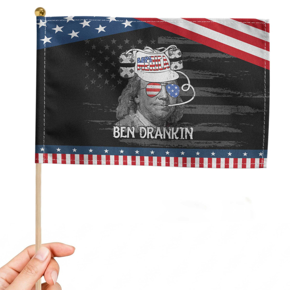 4th of July Ben Drankin Patriotic Handheld Flag Funny Benjamin Franklin USA Flag TS10 Distressed 8.2