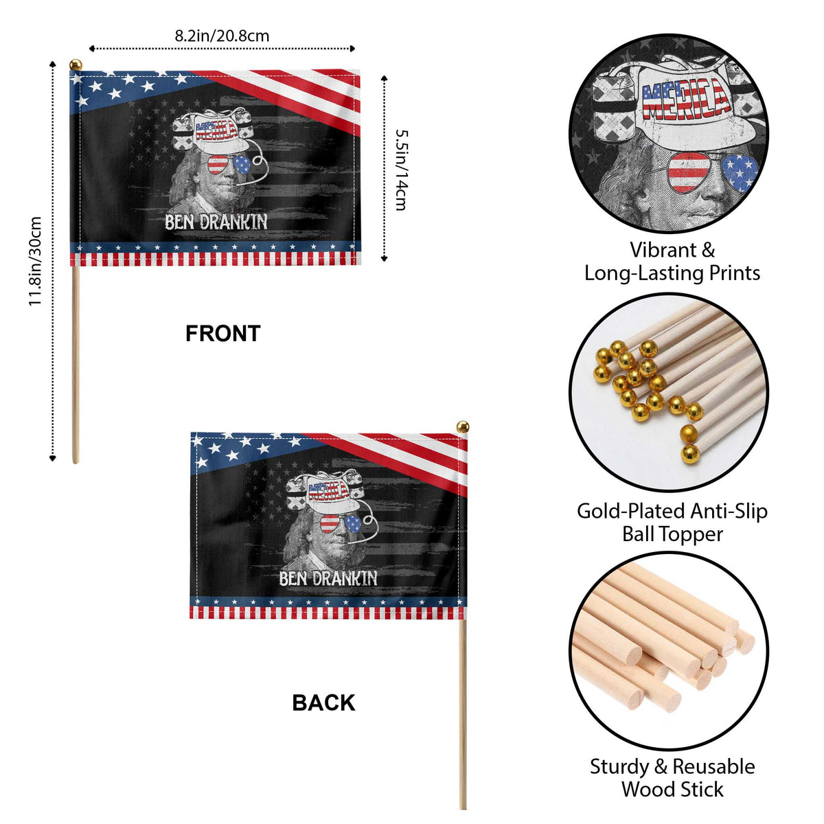 4th of July Ben Drankin Patriotic Handheld Flag Funny Benjamin Franklin USA Flag TS10 Print Your Wear