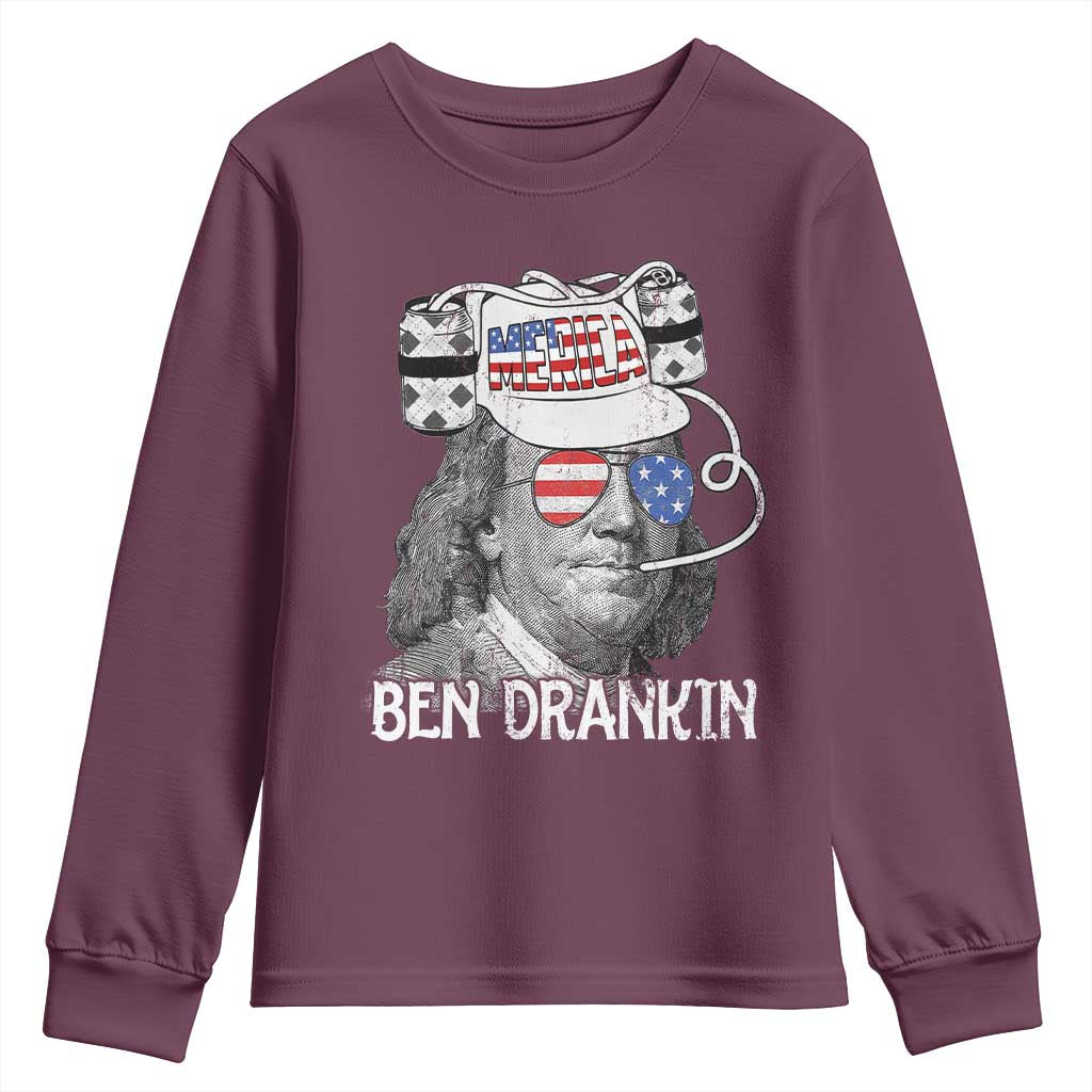 4th of July Ben Drankin Youth Sweatshirt Funny Benjamin Franklin USA Flag TS10 Maroon Print Your Wear