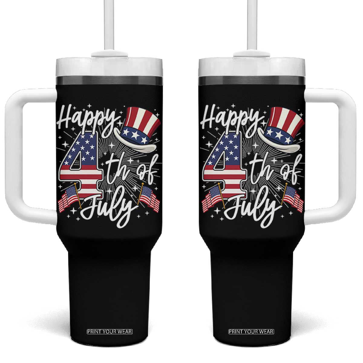 Happy 4th Of July Tumbler With Handle Patriotic American Flag USA TS10 One Size: 40 oz Black Print Your Wear