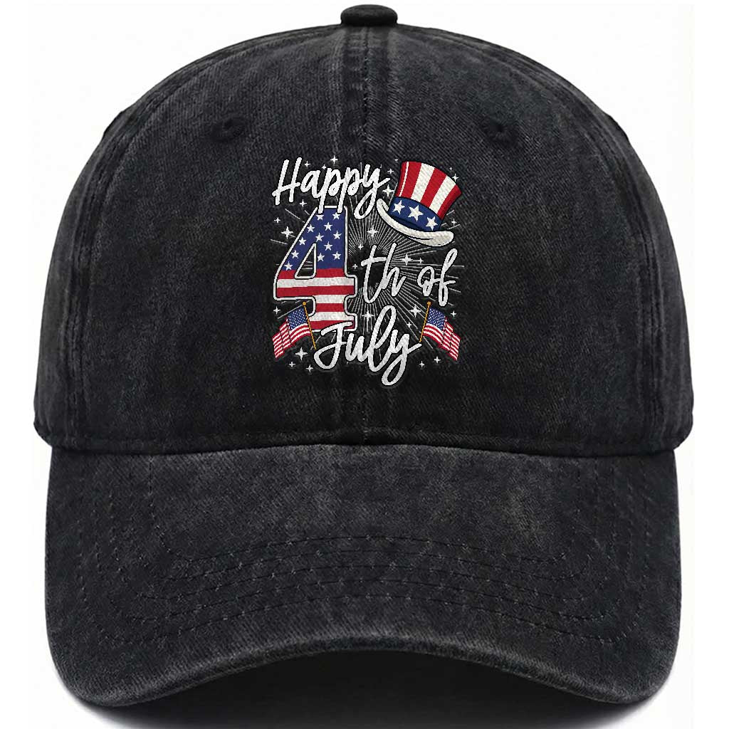 Happy 4th Of July Washed Cotton Baseball Cap Patriotic American Flag USA TS10 Washed Cap Universal Fit Black Print Your Wear