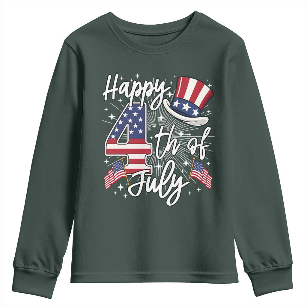 Happy 4th Of July Youth Sweatshirt Patriotic American Flag USA TS10 Dark Forest Green Print Your Wear