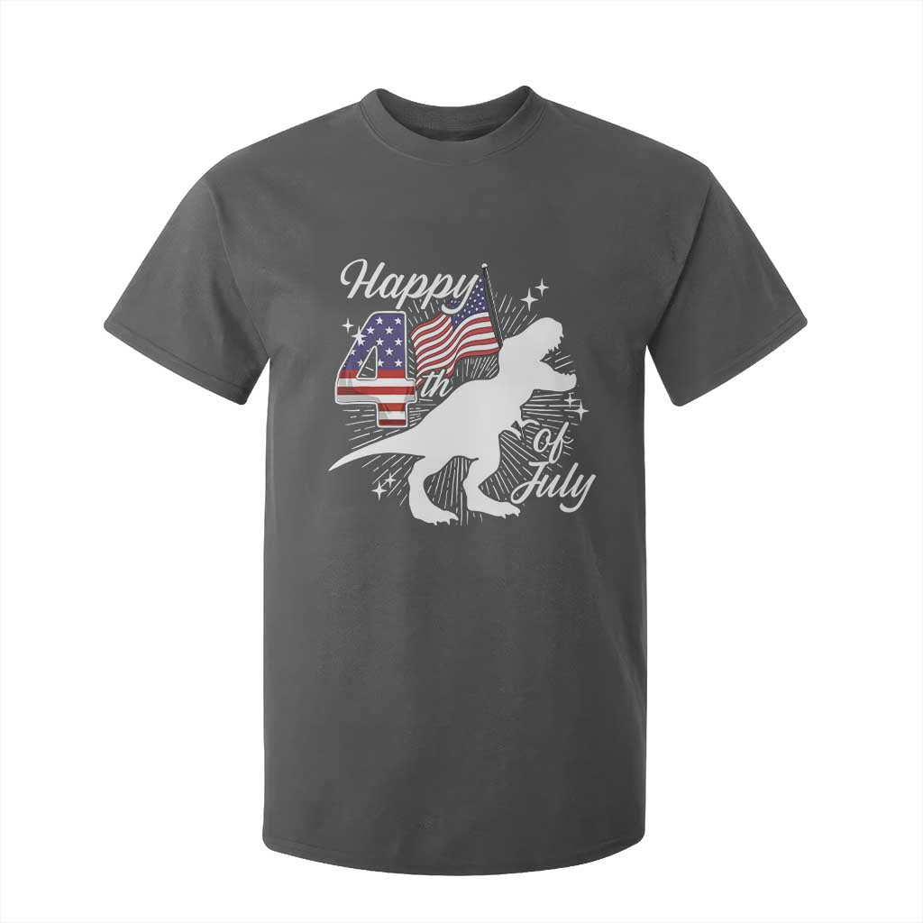 Dinosaur Happy 4th of July T Shirt For Kid Patriotic American Flag USA TS10 Dark Heather Print Your Wear