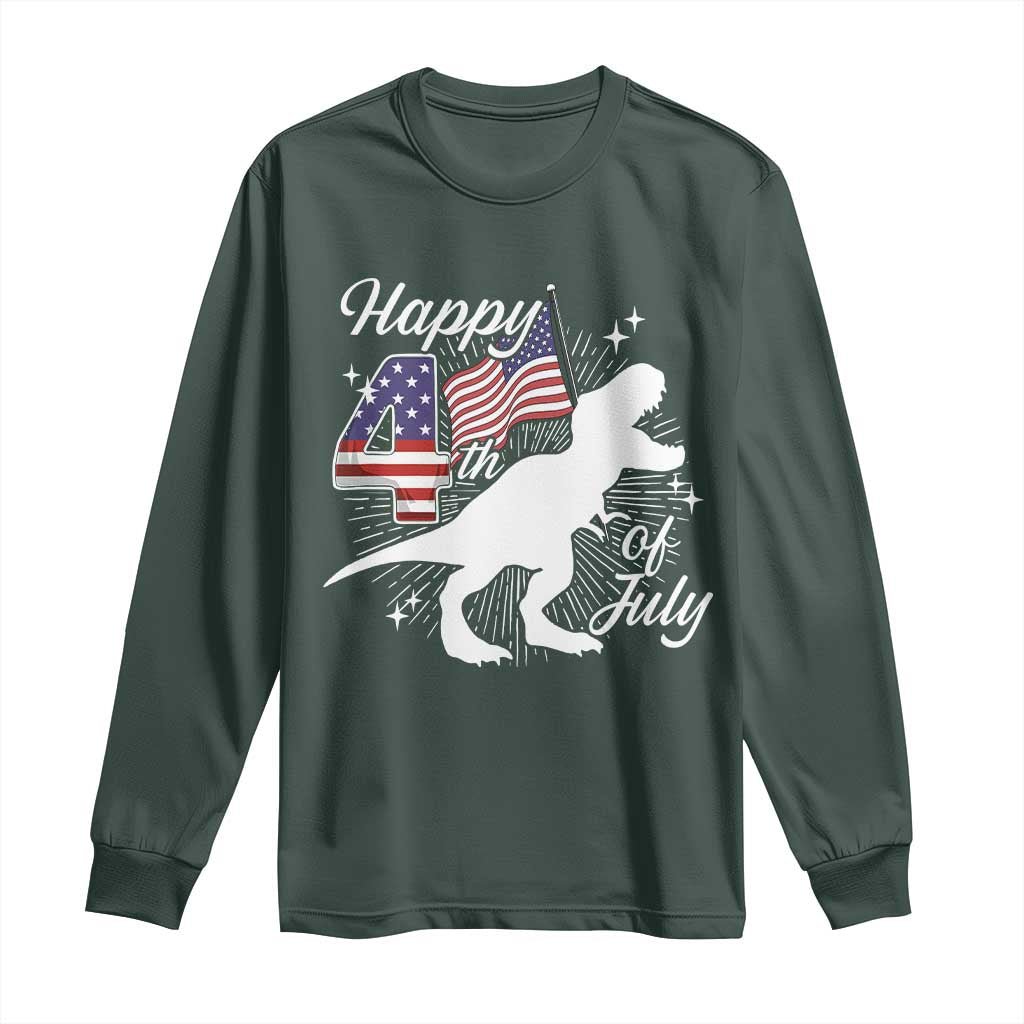Dinosaur Happy 4th of July Long Sleeve Shirt Patriotic American Flag USA TS10 Dark Forest Green Print Your Wear