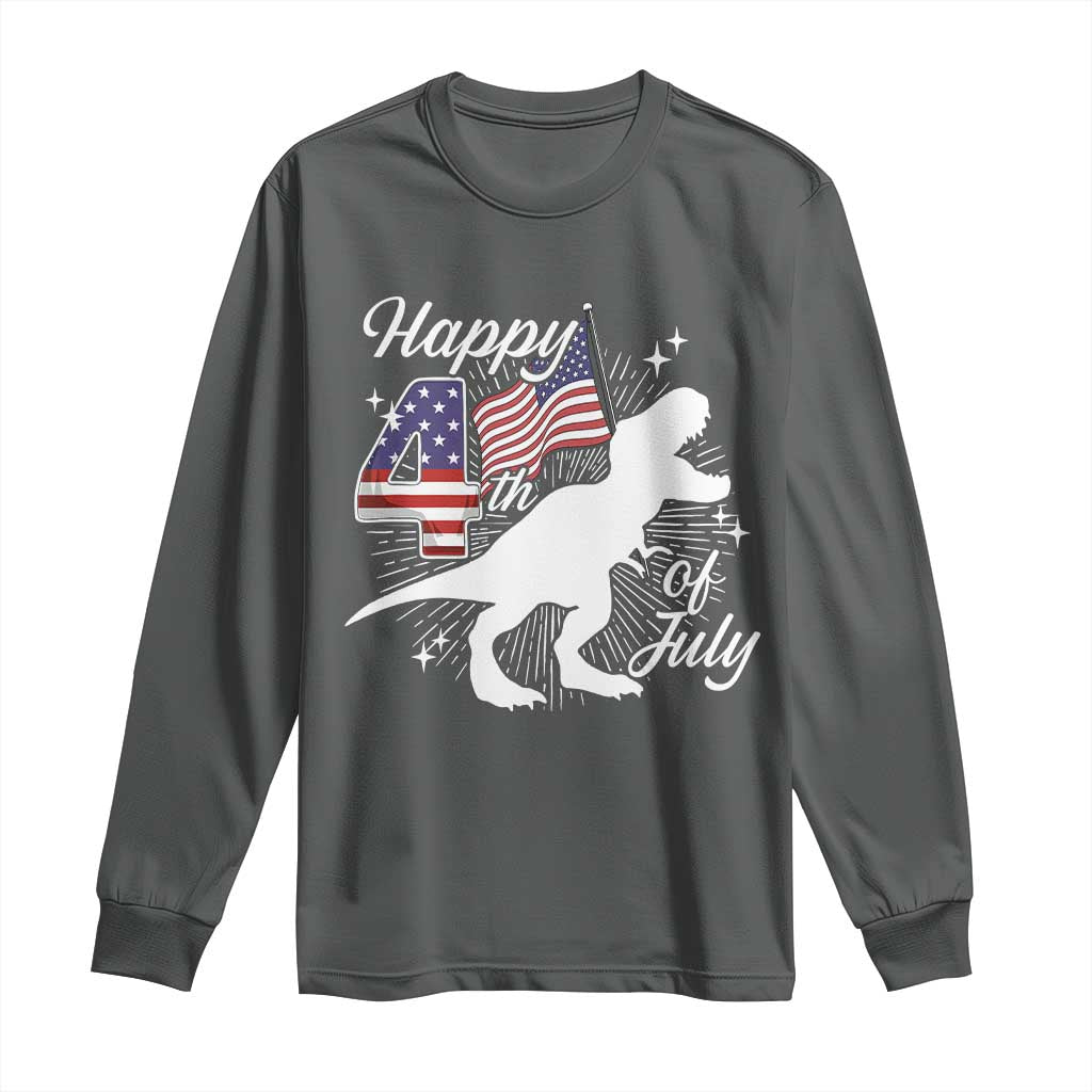 Dinosaur Happy 4th of July Long Sleeve Shirt Patriotic American Flag USA TS10 Dark Heather Print Your Wear
