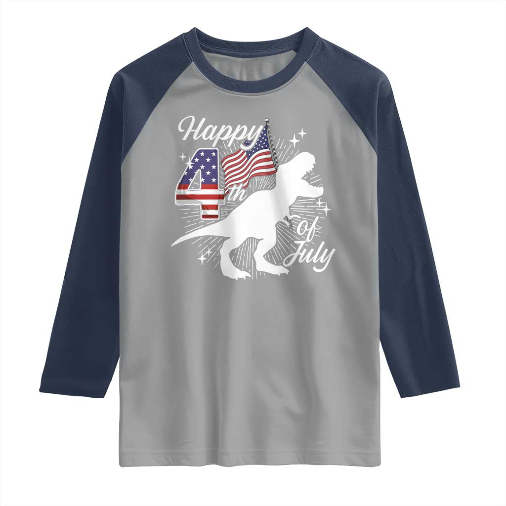 Dinosaur Happy 4th of July Raglan Shirt Patriotic American Flag USA TS10 Sport Gray Navy Print Your Wear