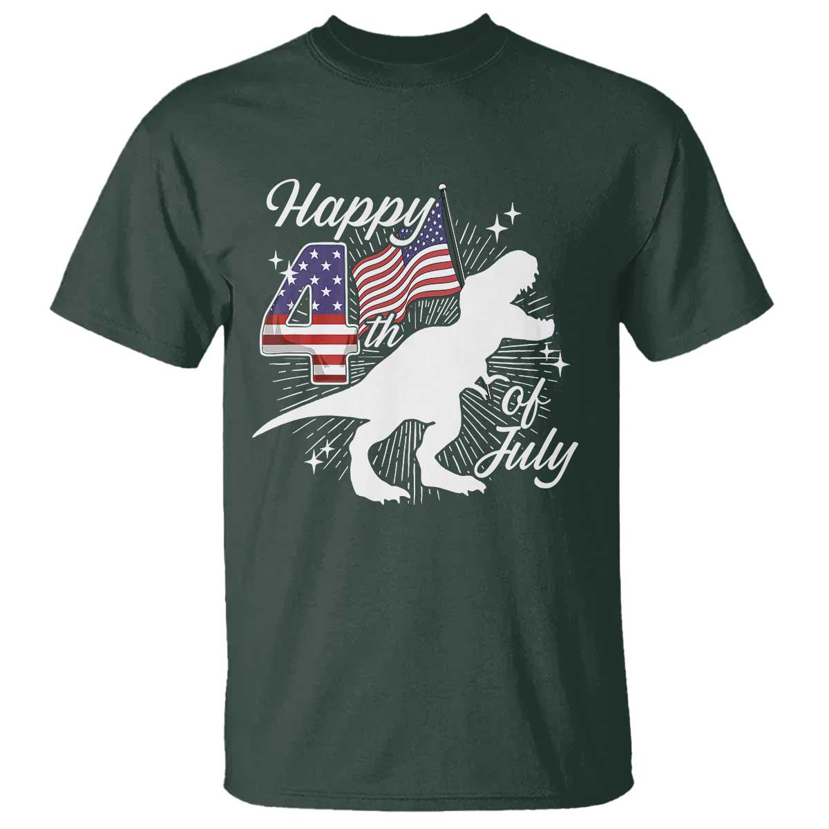 Dinosaur Happy 4th of July T Shirt Patriotic American Flag USA TS10 Dark Forest Green Print Your Wear