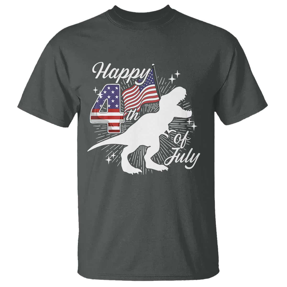 Dinosaur Happy 4th of July T Shirt Patriotic American Flag USA TS10 Dark Heather Print Your Wear