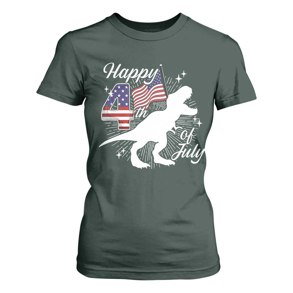 Dinosaur Happy 4th of July T Shirt For Women Patriotic American Flag USA TS10 Dark Forest Green Print Your Wear
