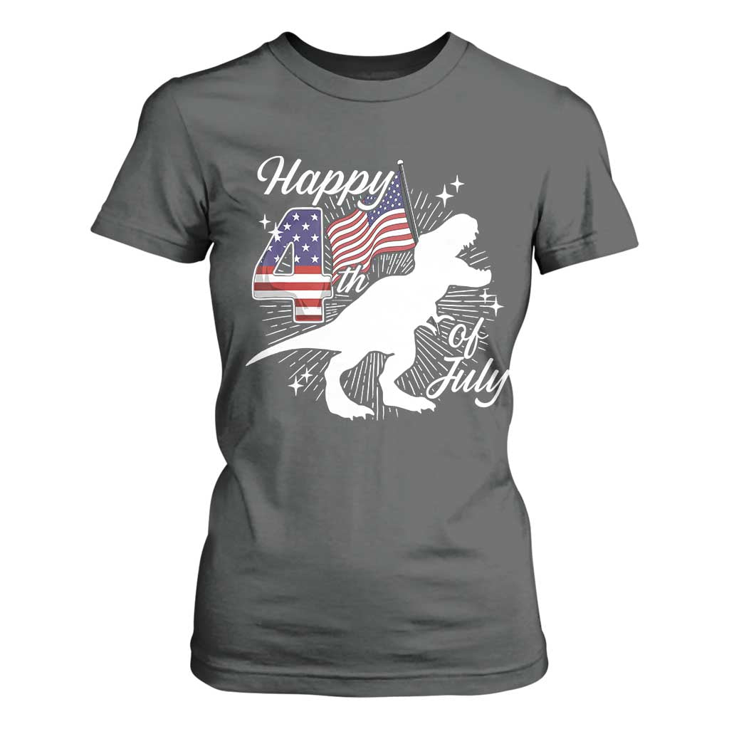 Dinosaur Happy 4th of July T Shirt For Women Patriotic American Flag USA TS10 Dark Heather Print Your Wear