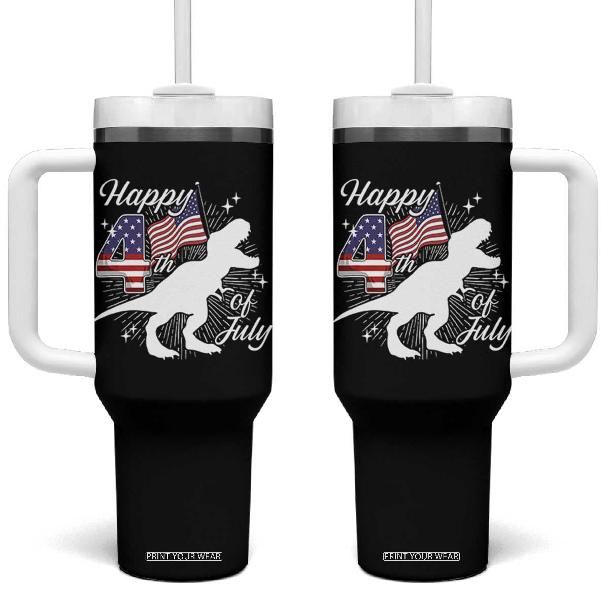 Dinosaur Happy 4th of July Tumbler With Handle Patriotic American Flag USA TS10 One Size: 40 oz Black Print Your Wear