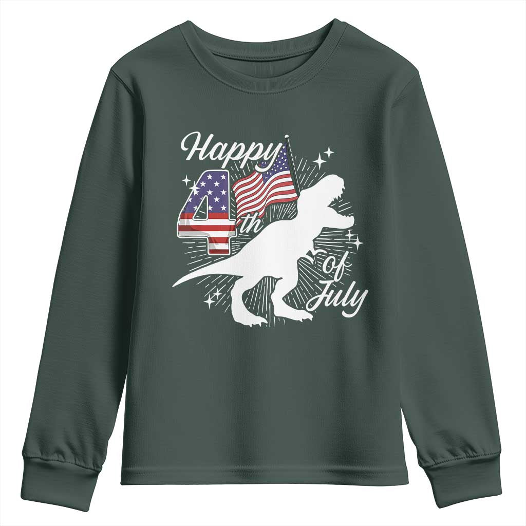 Dinosaur Happy 4th of July Youth Sweatshirt Patriotic American Flag USA TS10 Dark Forest Green Print Your Wear