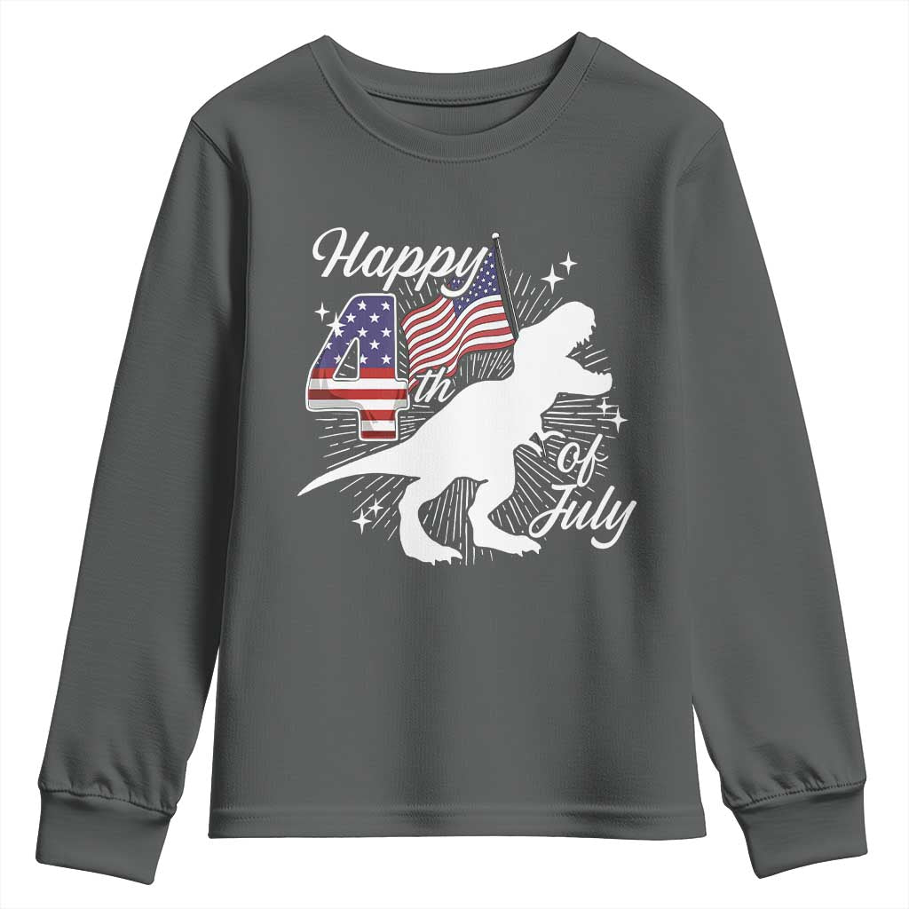 Dinosaur Happy 4th of July Youth Sweatshirt Patriotic American Flag USA TS10 Dark Heather Print Your Wear