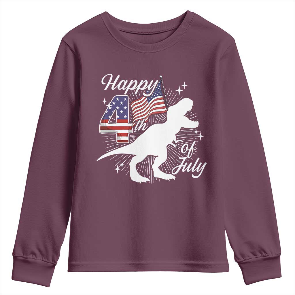 Dinosaur Happy 4th of July Youth Sweatshirt Patriotic American Flag USA TS10 Maroon Print Your Wear