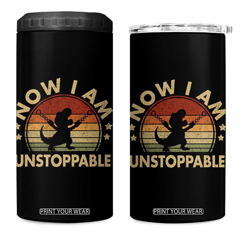 Retro Now I Am Unstoppable 4 in 1 Can Cooler Tumbler Funny Dinosaur Dino Gifts Vintage
