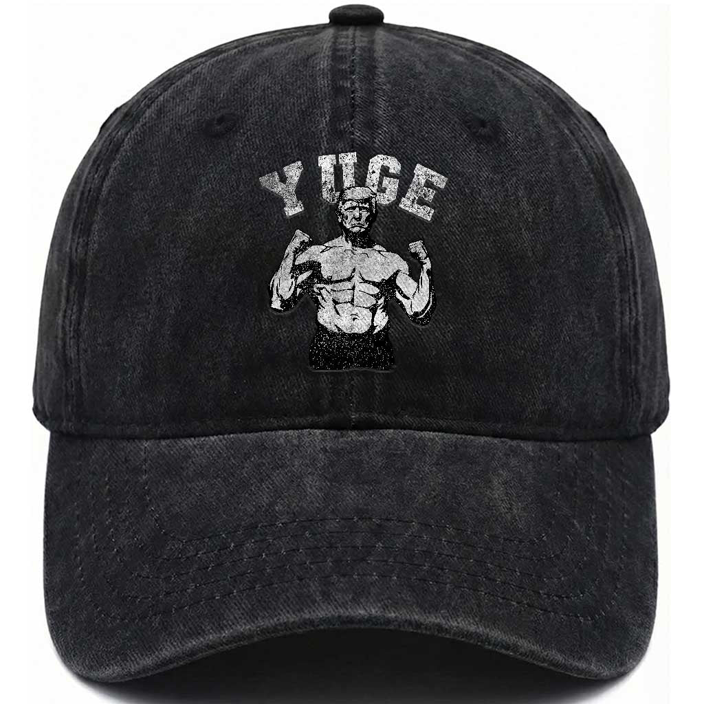 Yuge Muscular Flex Trump Washed Cotton Baseball Cap Funny Patriotic Vintage Workout Gym Weight Lifting Motivational TS10 Washed Cap Universal Fit Black Print Your Wear