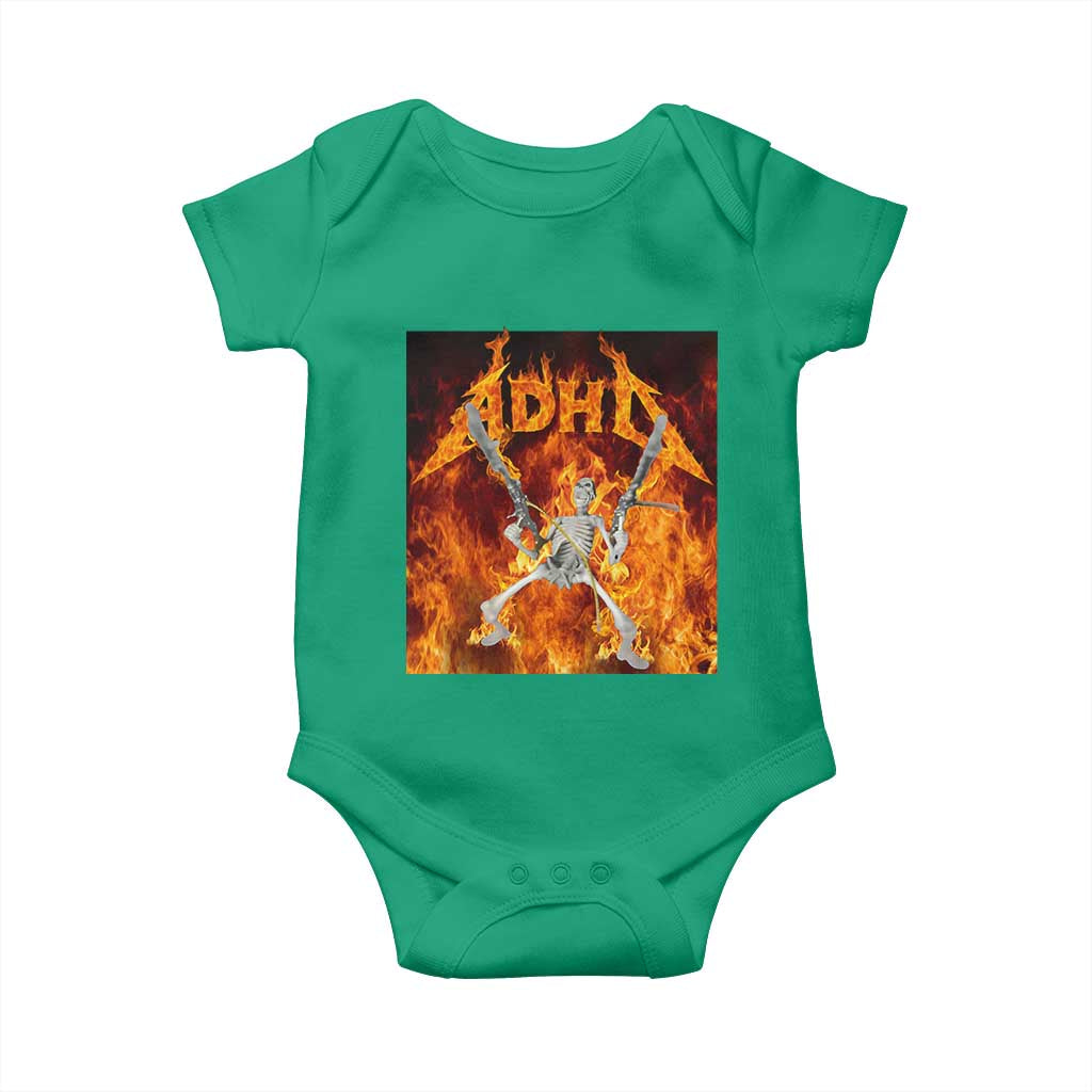 Funny Skeleton ADHD Baby Onesie Meme Flames Neurodivergent Gen Z TS10 Irish Green Print Your Wear