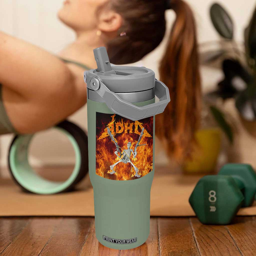 Funny Skeleton ADHD Flip Straw Tumbler Meme Flames Neurodivergent Gen Z TS10 One Size: 30 oz Moss Green Print Your Wear