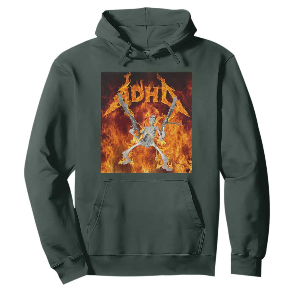 Funny Skeleton ADHD Hoodie Meme Flames Neurodivergent Gen Z TS10 Dark Forest Green Print Your Wear