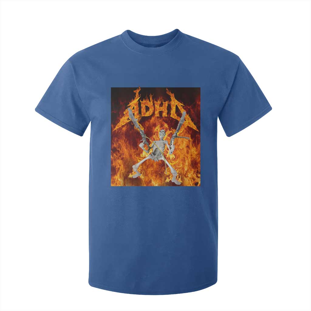 Funny Skeleton ADHD T Shirt For Kid Meme Flames Neurodivergent Gen Z TS10 Royal Blue Print Your Wear