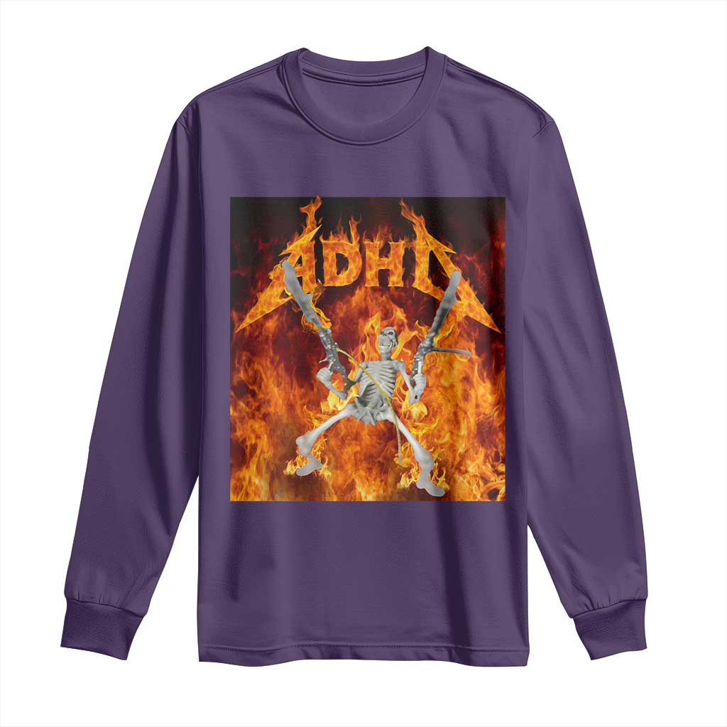 Funny Skeleton ADHD Long Sleeve Shirt Meme Flames Neurodivergent Gen Z TS10 Purple Print Your Wear