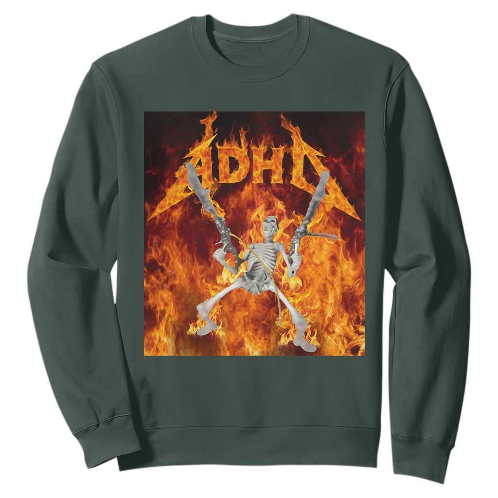 Funny Skeleton ADHD Sweatshirt Meme Flames Neurodivergent Gen Z TS10 Dark Forest Green Print Your Wear