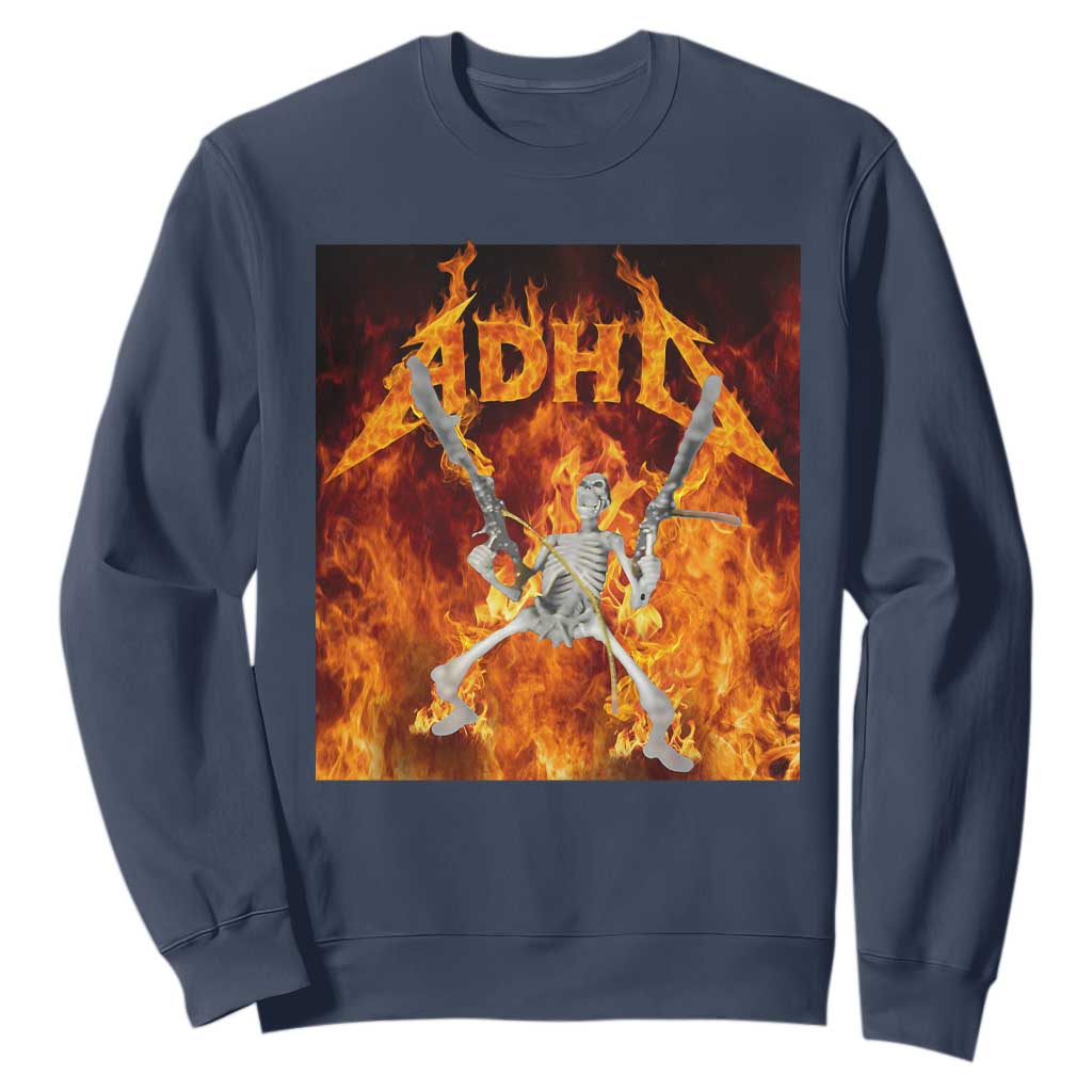 Funny Skeleton ADHD Sweatshirt Meme Flames Neurodivergent Gen Z TS10 Navy Print Your Wear