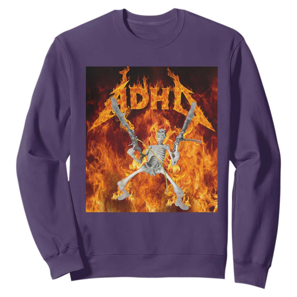 Funny Skeleton ADHD Sweatshirt Meme Flames Neurodivergent Gen Z TS10 Purple Print Your Wear
