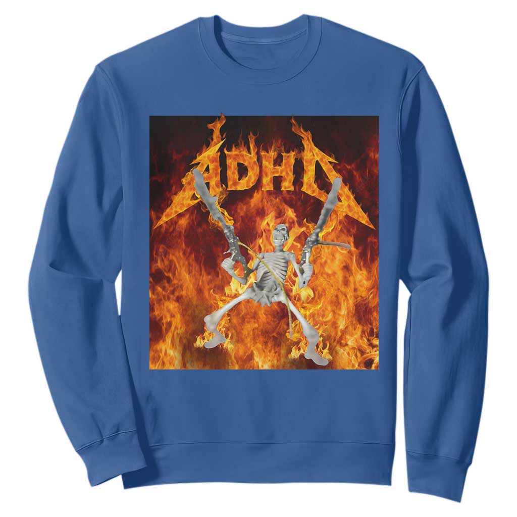 Funny Skeleton ADHD Sweatshirt Meme Flames Neurodivergent Gen Z TS10 Royal Blue Print Your Wear