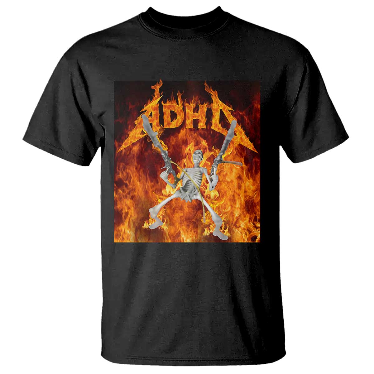 Funny Skeleton ADHD T Shirt Meme Flames Neurodivergent Gen Z TS10 Black Print Your Wear