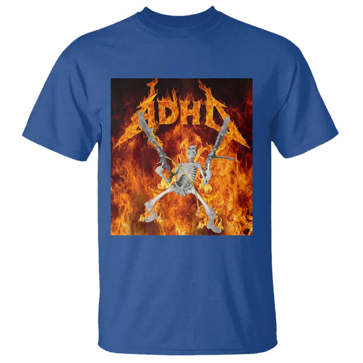 Funny Skeleton ADHD T Shirt Meme Flames Neurodivergent Gen Z TS10 Royal Blue Print Your Wear