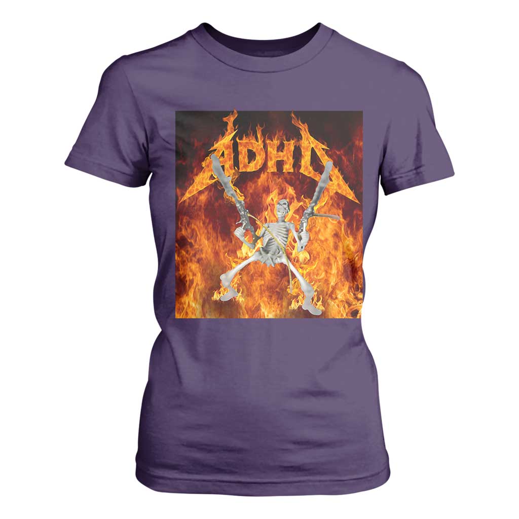 Funny Skeleton ADHD T Shirt For Women Meme Flames Neurodivergent Gen Z TS10 Purple Print Your Wear