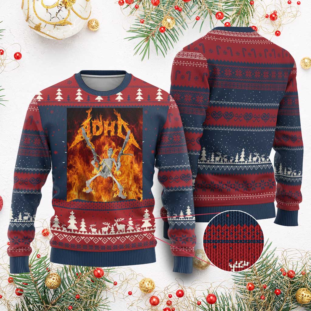 Funny Skeleton ADHD Knit Sweatshirt Meme Flames Neurodivergent Gen Z TS10 Burgundy Print Your Wear