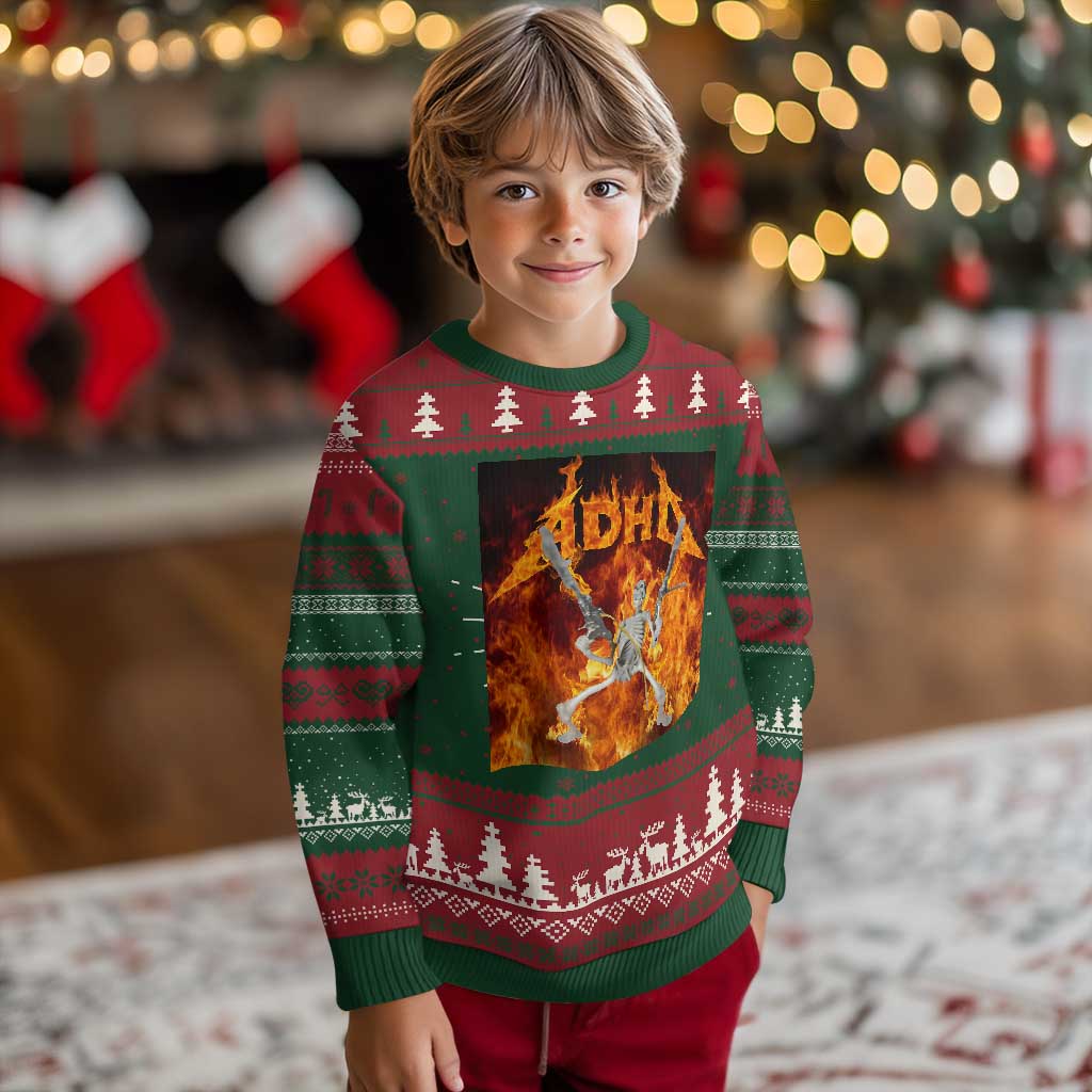 Funny Skeleton ADHD Knit Sweatshirt Meme Flames Neurodivergent Gen Z TS10 Christmas Print Your Wear