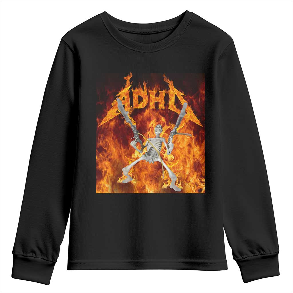 Funny Skeleton ADHD Youth Sweatshirt Meme Flames Neurodivergent Gen Z TS10 Black Print Your Wear