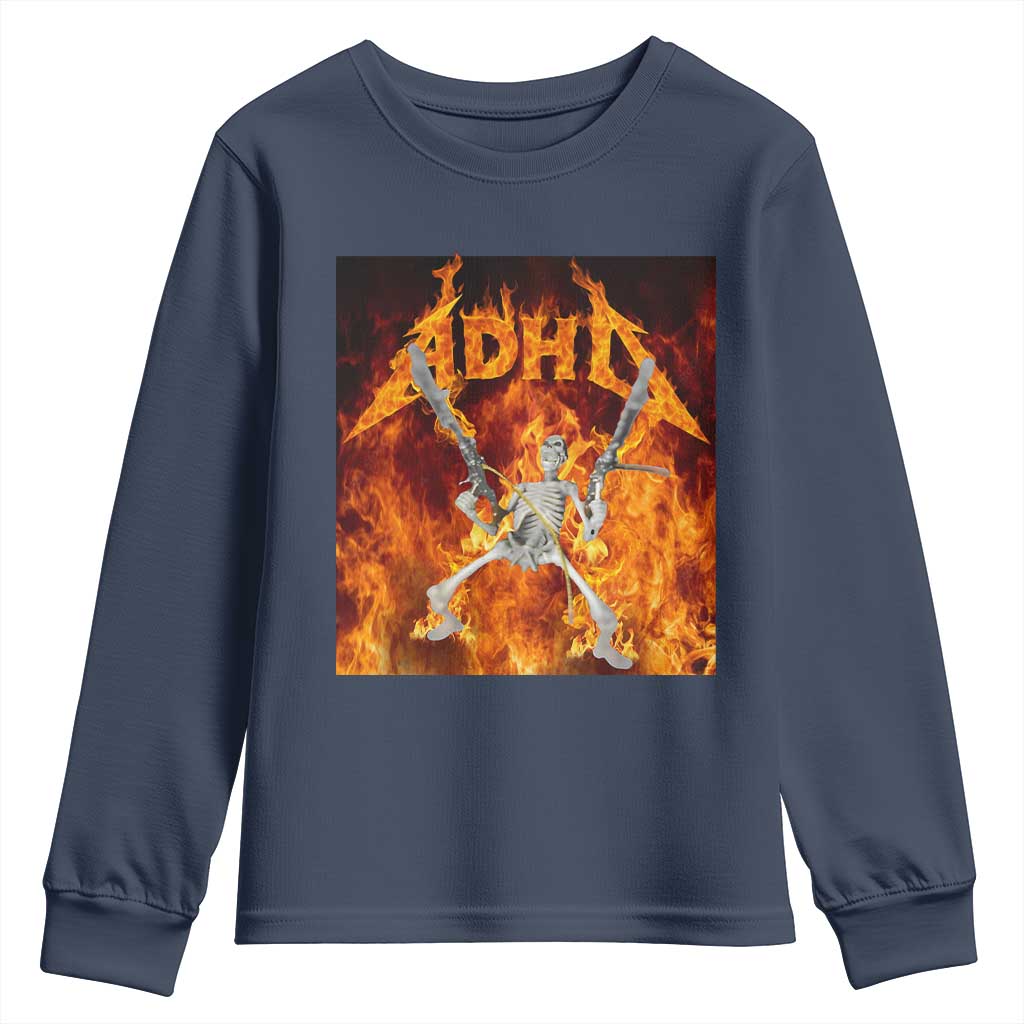 Funny Skeleton ADHD Youth Sweatshirt Meme Flames Neurodivergent Gen Z TS10 Navy Print Your Wear