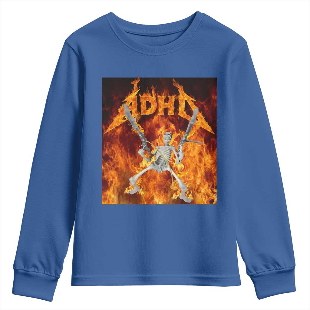 Funny Skeleton ADHD Youth Sweatshirt Meme Flames Neurodivergent Gen Z TS10 Royal Blue Print Your Wear