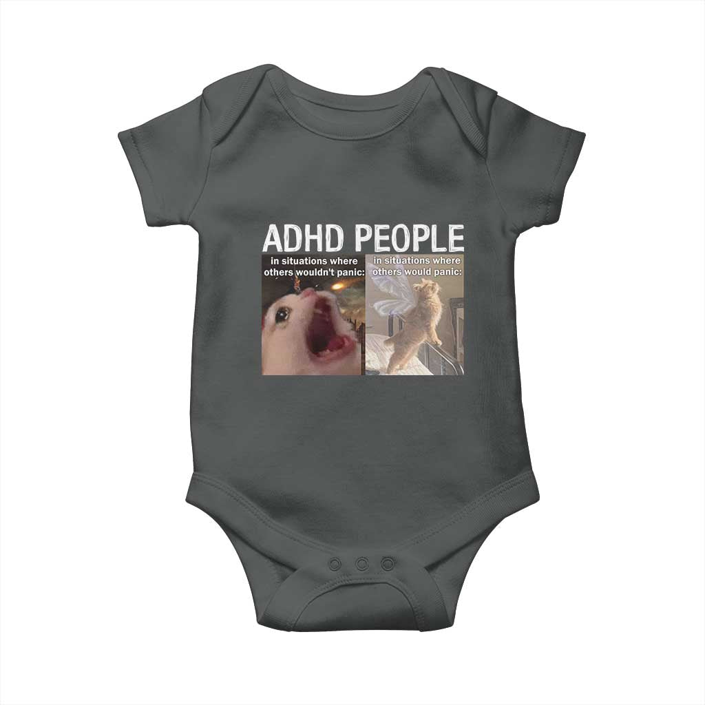 ADHD Cat Meme Baby Onesie Funny Panic Cat Mental Health Awareness TS10 Dark Heather Print Your Wear
