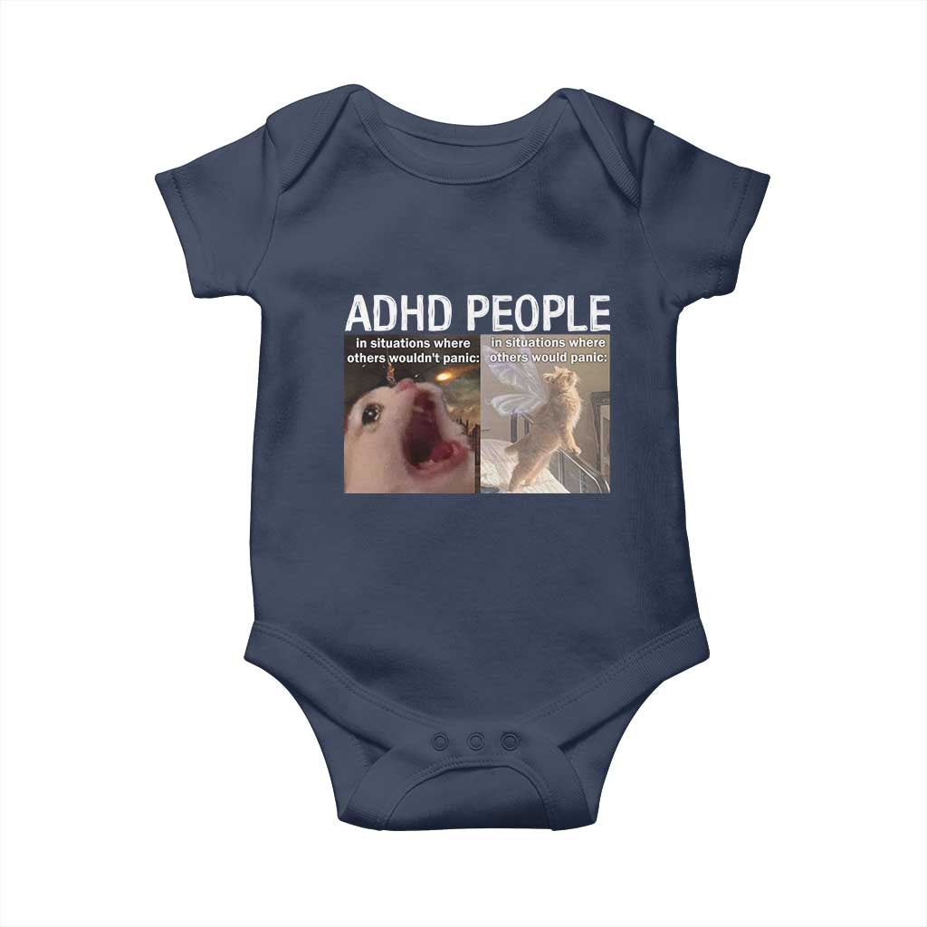 ADHD Cat Meme Baby Onesie Funny Panic Cat Mental Health Awareness TS10 Navy Print Your Wear
