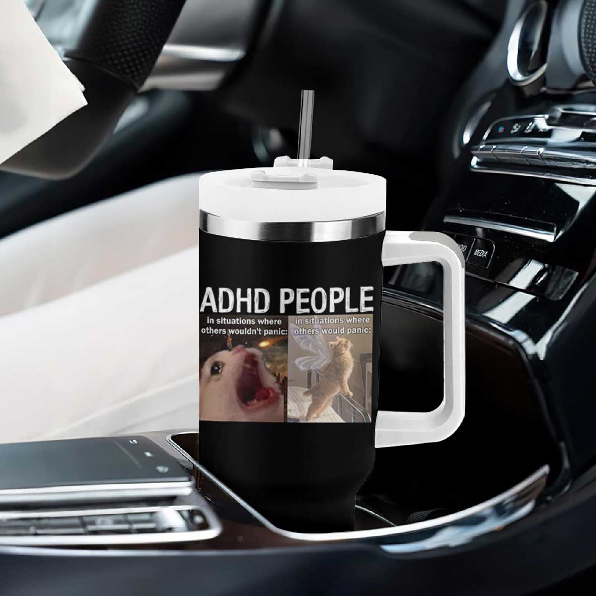 ADHD Cat Meme Tumbler With Handle Funny Panic Cat Mental Health Awareness TS10 Print Your Wear
