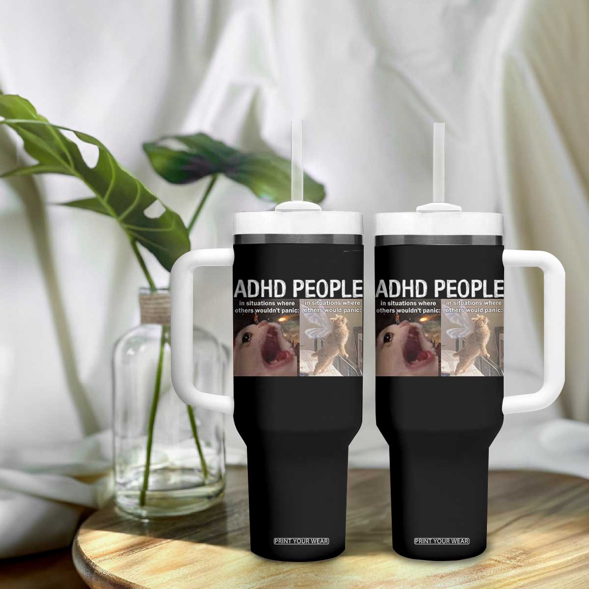 ADHD Cat Meme Tumbler With Handle Funny Panic Cat Mental Health Awareness TS10 Print Your Wear