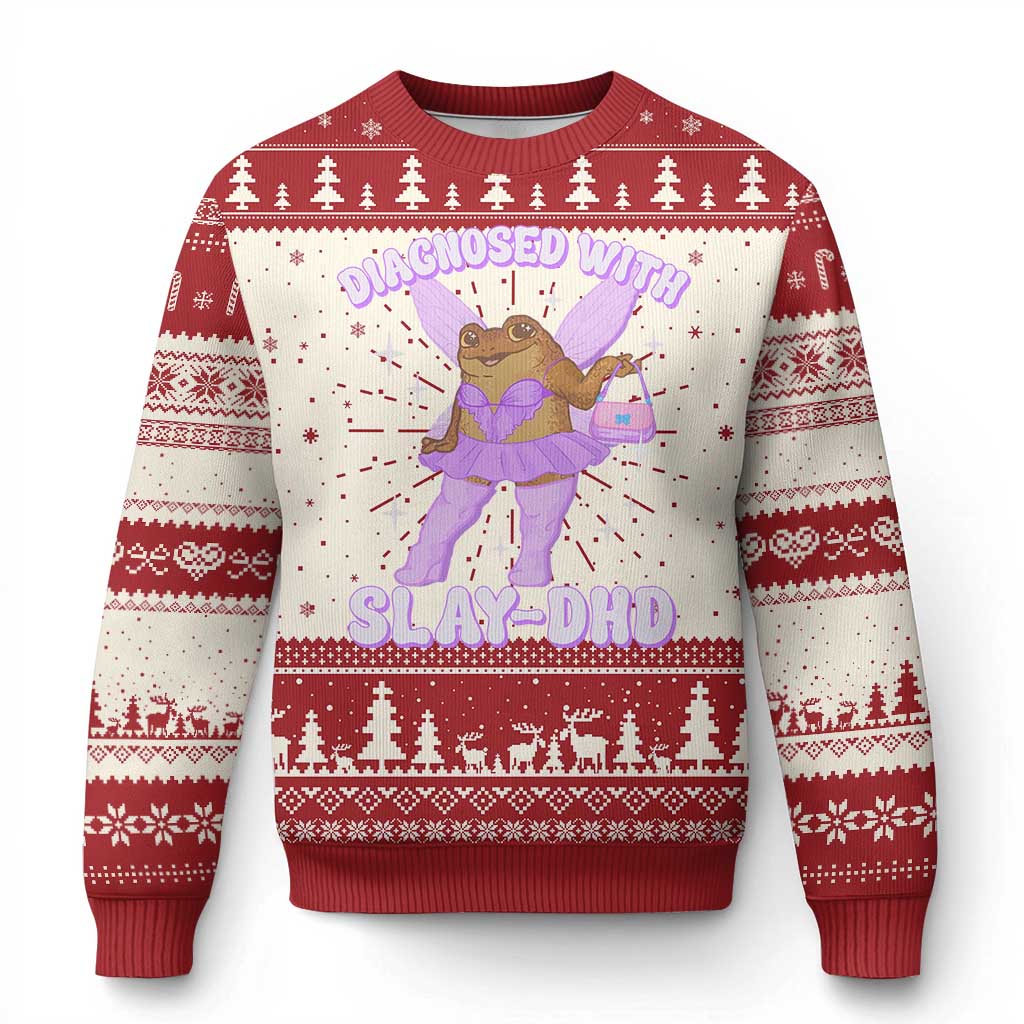ADHD Meme Knit Sweatshirt Funny Slay DHD Frog Neurodivergent TS10 Red Print Your Wear