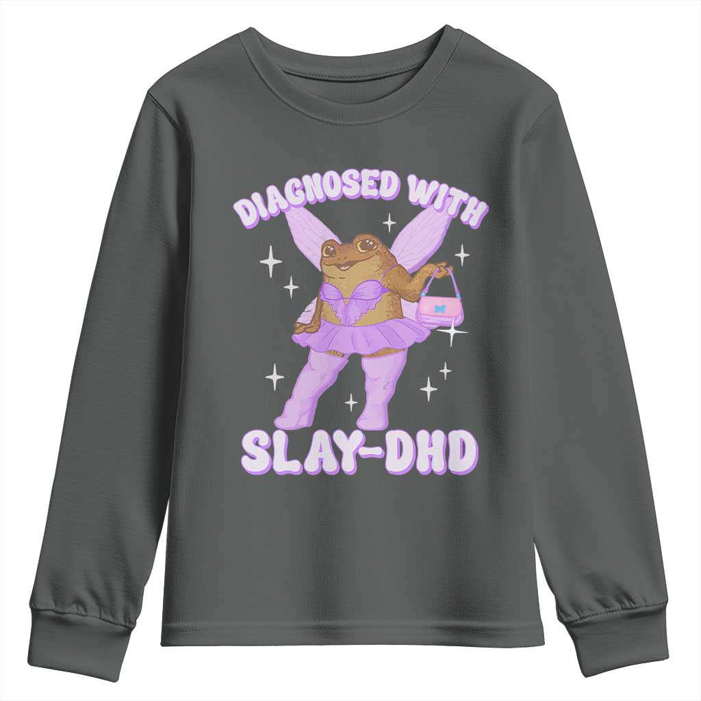 ADHD Meme Youth Sweatshirt Funny Slay DHD Frog Neurodivergent TS10 Dark Heather Print Your Wear
