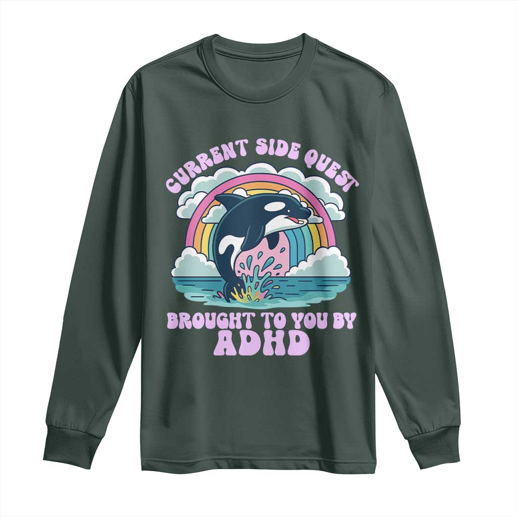 Side Quest ADHD Long Sleeve Shirt Funny Neurodivergent Meme TS10 Dark Forest Green Print Your Wear
