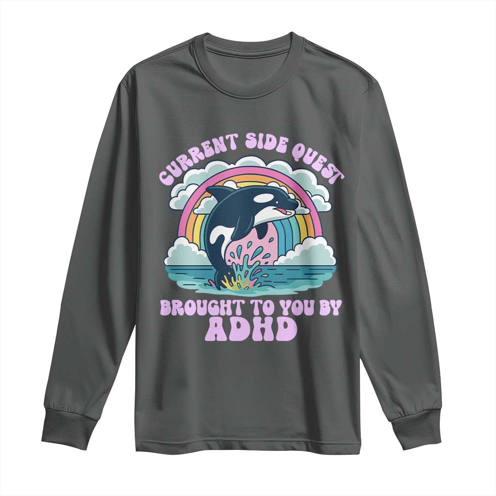 Side Quest ADHD Long Sleeve Shirt Funny Neurodivergent Meme TS10 Dark Heather Print Your Wear