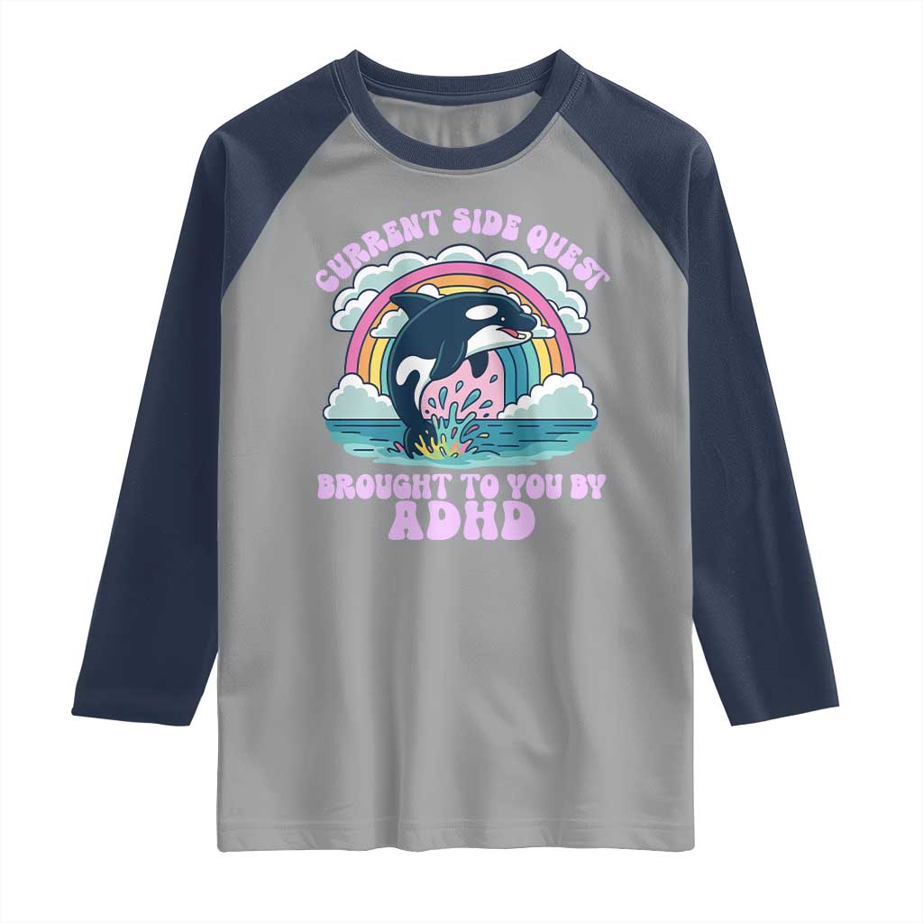 Side Quest ADHD Raglan Shirt Funny Neurodivergent Meme TS10 Sport Gray Navy Print Your Wear