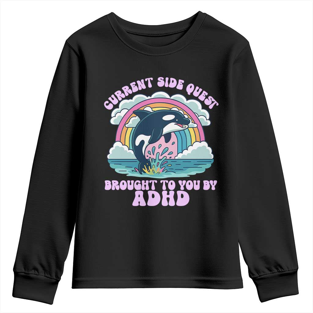 Side Quest ADHD Youth Sweatshirt Funny Neurodivergent Meme TS10 Black Print Your Wear