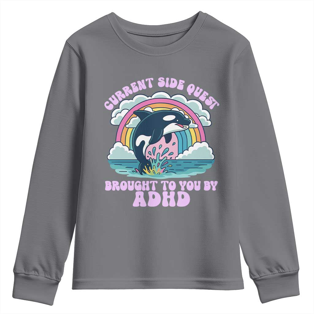 Side Quest ADHD Youth Sweatshirt Funny Neurodivergent Meme TS10 Charcoal Print Your Wear
